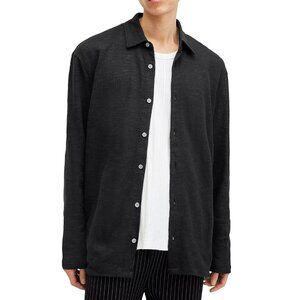 AllSaints Men's Foster Textured Button Front LS Shirt Oversized Fit Black XL